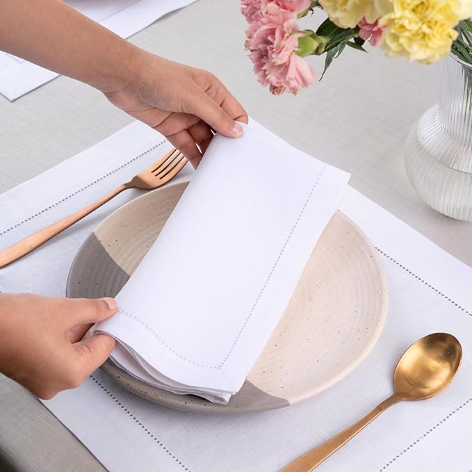 D'Moksha Homes White Linen Napkins Set of 4 - Classic Hemstitch 100% Pure Linen Hemstitch Dinner Napkins 20 x 20 Inch for Winter, Christmas, Holiday - Handcrafted and Machine Washable
