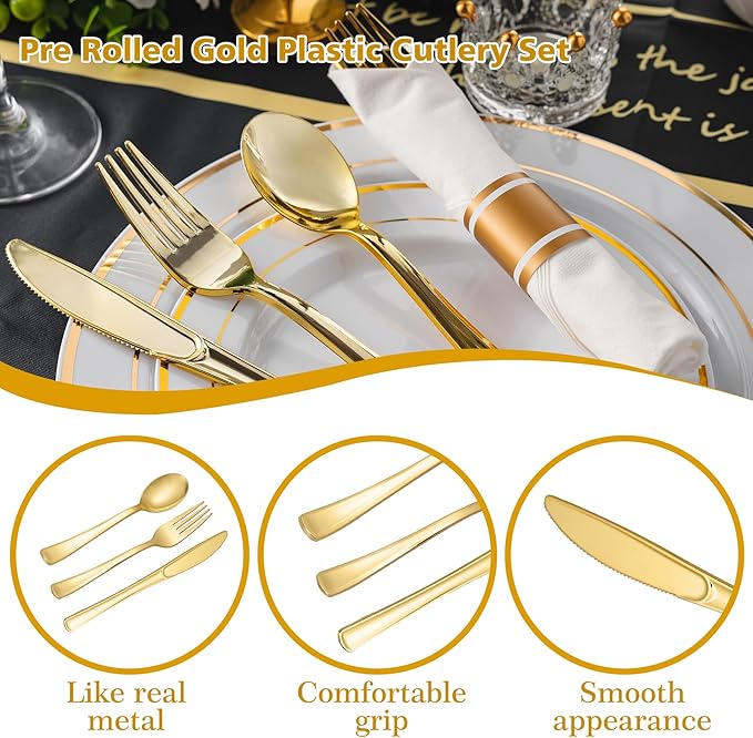 N9R 75 Pack Pre Rolled Gold Plastic Cutlery Set, Wrapped Plastic Silverware Set with 75 Forks, 75 Knives, 75 Spoons and 75 Napkins, Disposable Cutlery Set for Party and Wedding