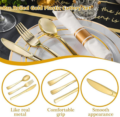 N9R 75 Pack Pre Rolled Gold Plastic Cutlery Set, Wrapped Plastic Silverware Set with 75 Forks, 75 Knives, 75 Spoons and 75 Napkins, Disposable Cutlery Set for Party and Wedding