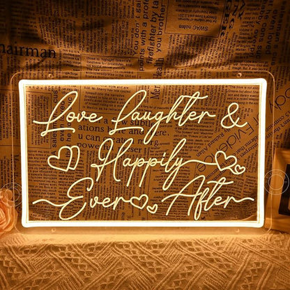 SYLHOME Led Neon Light Sign Love Laughter Happily Ever After Wedding Backdrop Home Bedroom Living Room Wall Sign Decor Birthday Christmas Party 15.75" X 9.84" USB