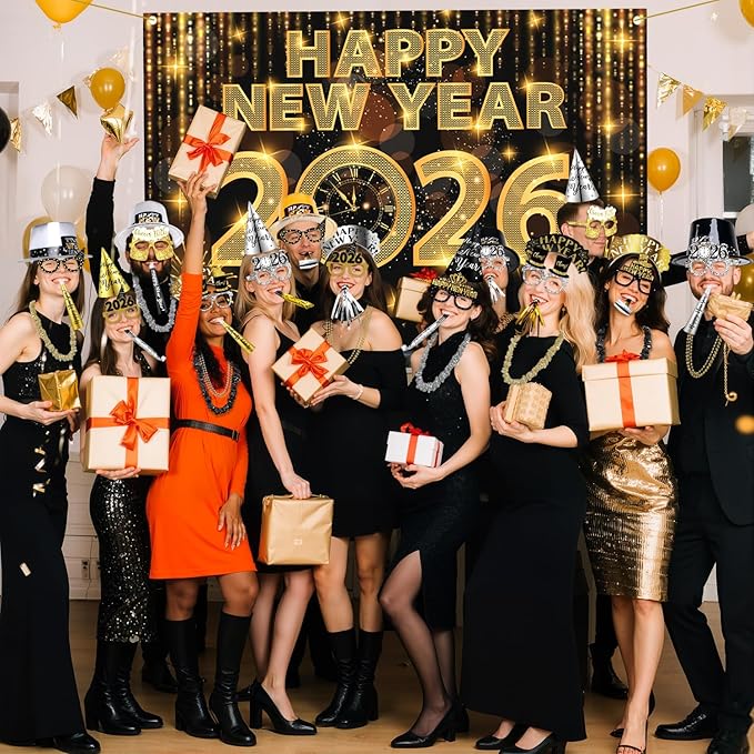 MOVINPE 2026 New Years Eve Party Supplies Bulk Serve 60 - New Year's Banner Backdrop Top Hats, Cone Hats, Tiara, Glasses, Bead Necklace, Leis, Horns, Blowouts, Noiese Makers, Event Party Favors