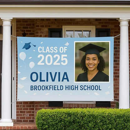 Custom Graduation Banner Class of 2025 with Photo and Name – Personalized Congrats Sign for High School or College Seniors – Indoor Outdoor Graduation Party Decoration