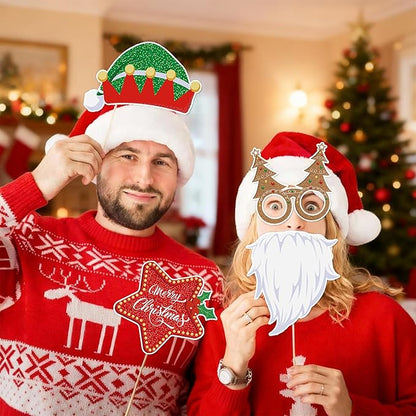 fiintrwa Christmas Headband Beads Necklace Hair Hoop Eyewear Eyeglass Santa Hat Photo Props for Xmas Party Decoration Supplie