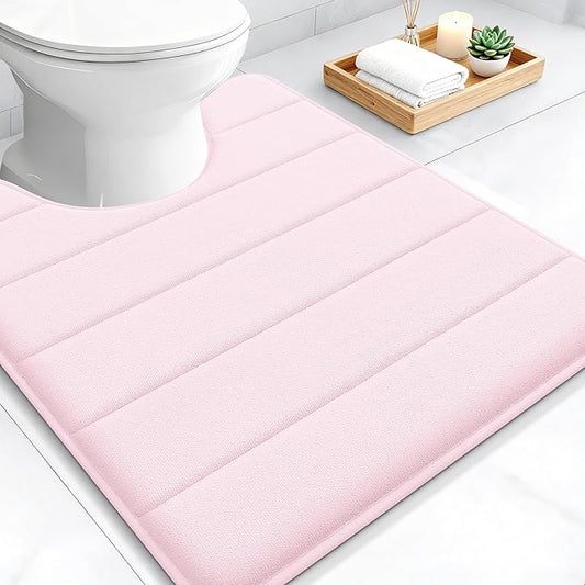 OLANLY Memory Foam Toilet Rugs U Shaped 24x20, Super Soft Absorbent Contour Bath Rugs, Quick Dry, Machine Washable Toilet Mat, Bathmat Floor Carpet, Bathroom Home Decor Accessories, Pink