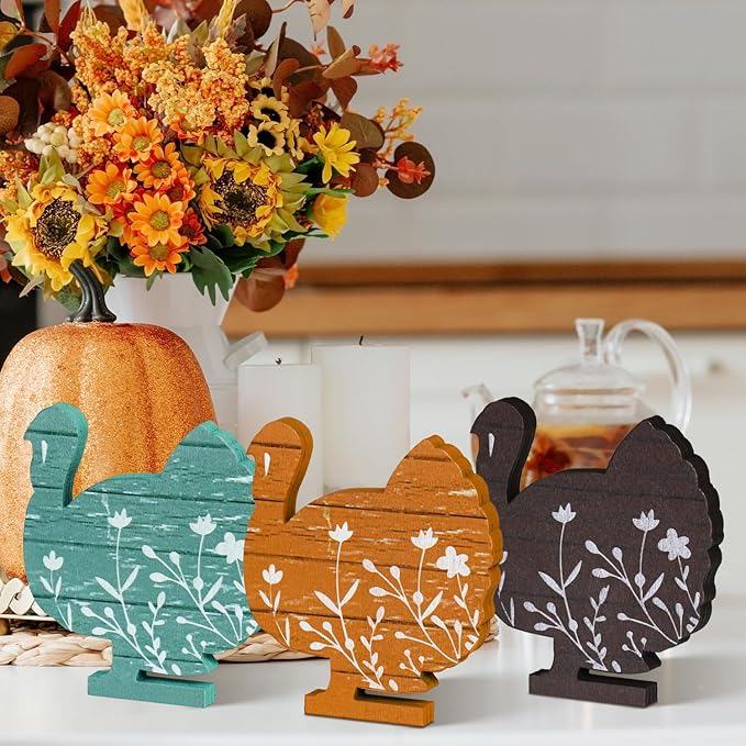Smile 3 Pcs Wooden Blocks Colorful Turkey Signs, Thanksgiving Decor Indoor, Table Tiered Tray Kitchen Decorations