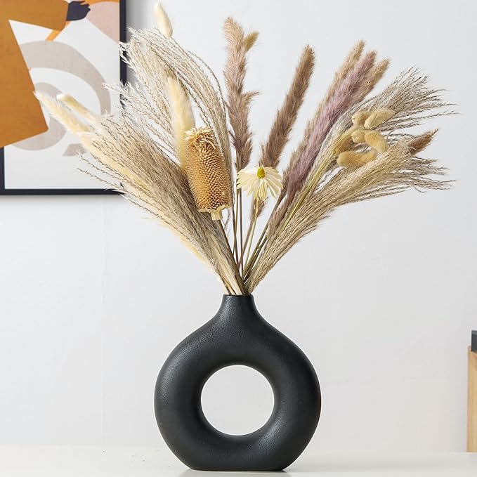 Modern Donut-Shaped Decorative Vases, Handmade Minimalist Boho ins Style, Modern Vase for Home Decor for Wedding Dinner Table Party Living Room Office Bedroom (Black, Large + Small)