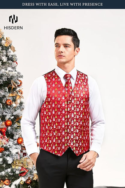 HISDERN Men's Suit Vest Christmas Holiday Season Party Jacquard Waistcoats Necktie Pocket Square Vest Suit Set