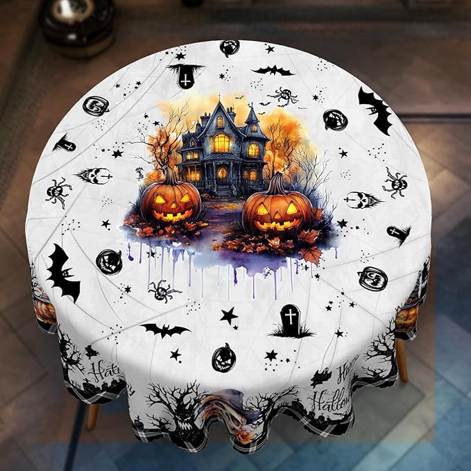Eikione Round Tablecloth 60inch, Halloween Pumpkin Tablecloth Waterproof and Wrinkle-Free, Table Covers, Summer Decorations for Home Dining