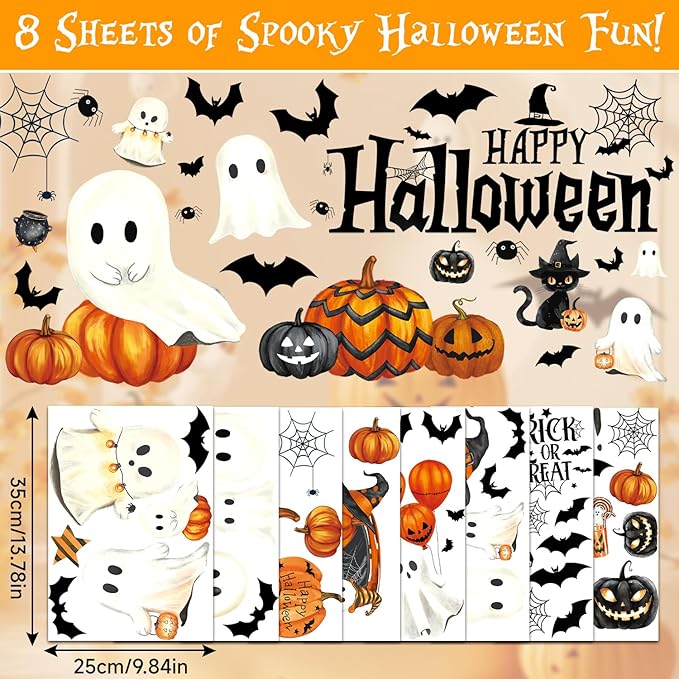 Halloween Window Clings Decorations, Ghost Pumpkin Bat Stickers Decor for Glass Windows, Large Double Sided Reusable Decals, 8 Sheets