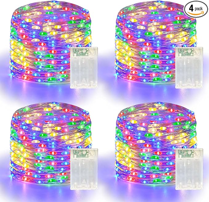 4 Pack 240LED Christmas Fairy Lights Battery Operated - 20FT Twinkle Lights with 2 Lighting Modes Indoor Outdoor, Waterproof Led Fairy String Light for Bedroom, Dorm, DIY, Christmas Decor, Multicolor