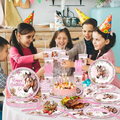 168Pcs Horse Party Supplies Cowgirl Horse Birthday Plates and Napkins Cups Disposable Tableware for Pink Wastern Girls Birthday Baby Shower Cowgirl Party Decorations, Serves 24 Guests