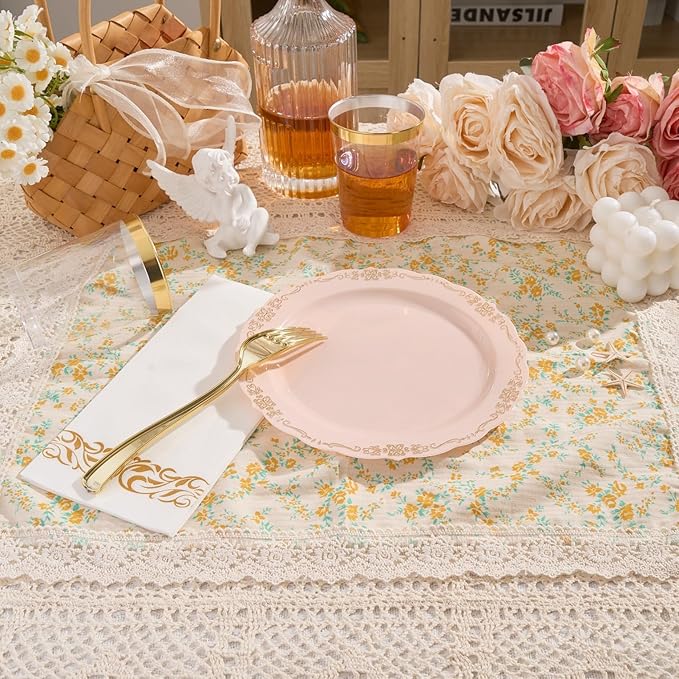 175 PCS Pink Disposable Plates, Elegant Dinnerware Set for 25 Guests, 50 Plastic Plates, 75 Silverware, 25 Cups & 25 Paper Napkins, Pink