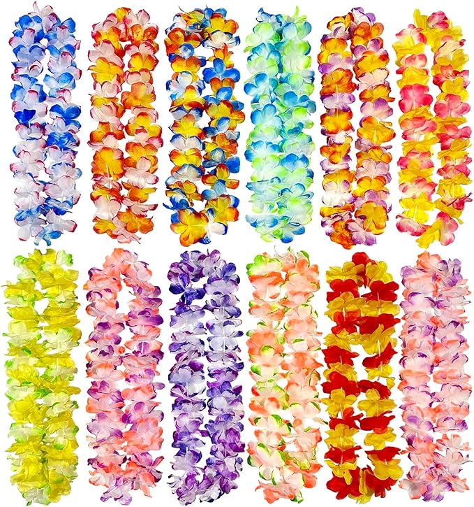 FreshDear 12 Counts Hawaiian Leis Bulk,leis for luau party,hawaiian leis for adults,beach party favors for adults,Summer Beach Vacation,Theme Party Decorations