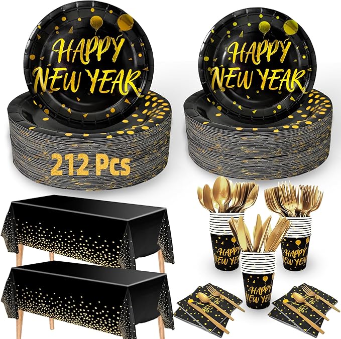 212 Piece New Year Paper Plates and Napkins Disposable Dinnerware Set Serve 30, Includes Happy New Year Plates Napkins Tablecloths Cups Knife Fork Spoon New Years Eve Party Supplies Decorations