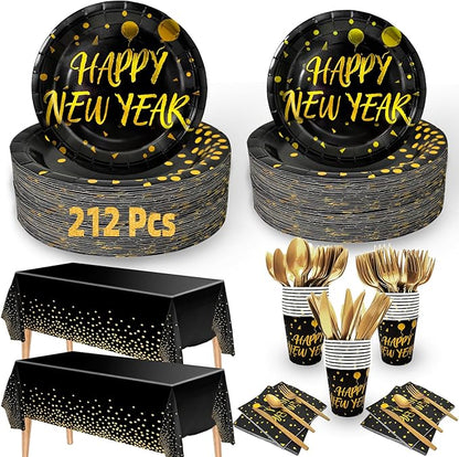 212 Piece New Year Paper Plates and Napkins Disposable Dinnerware Set Serve 30, Includes Happy New Year Plates Napkins Tablecloths Cups Knife Fork Spoon New Years Eve Party Supplies Decorations