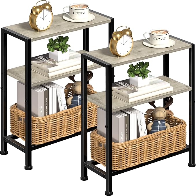 Narrow Side Table Set of 2 for Small Space, 2-Tier Small End Table with Shelf Holder, Slim Nightstand, Skinny Snack Couch Table in Living Room, Bedroom, Study, Kitchen and Balcony (Greige)