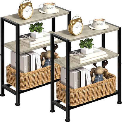 Narrow Side Table Set of 2 for Small Space, 2-Tier Small End Table with Shelf Holder, Slim Nightstand, Skinny Snack Couch Table in Living Room, Bedroom, Study, Kitchen and Balcony (Greige)