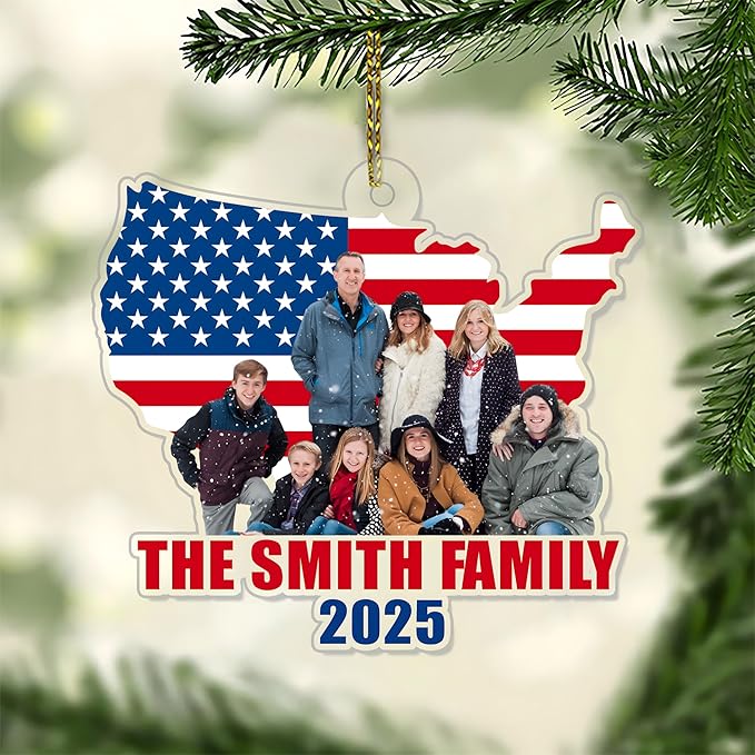 God Family Country Ornament 2025 – Personalized Acrylic USA Flag Ornament, Custom Photo Patriotic Christmas Tree Decoration, Memorial Keepsake Gift for Family, Veterans & Proud Americans