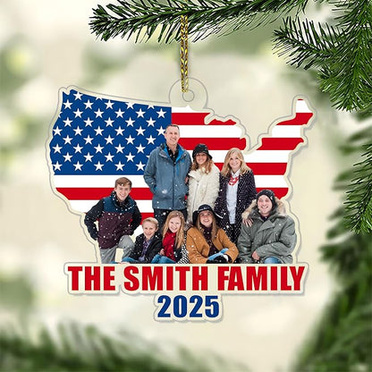 God Family Country Ornament 2025 – Personalized Acrylic USA Flag Ornament, Custom Photo Patriotic Christmas Tree Decoration, Memorial Keepsake Gift for Family, Veterans & Proud Americans
