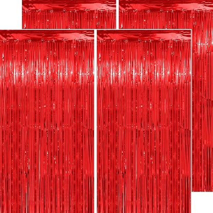 Thicken Red Streamers 4 Pack 3.2 x 8.2 FT, Red Tinsel Backdrop Curtains, Foil Fringe Backdrop for Birthday, Casino, Carnival, Christmas, Cherry, Hollywood Red Carpet Party Decorations