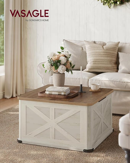 VASAGLE LIRY Collection - Farmhouse Coffee Table with Storage, Square Center Coffee Table for Living Room, with Hidden Compartment, Flip-Top Lids, Honey Brown and Rustic White ULCT232W73