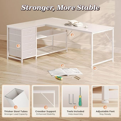 PRAISUN 53" L Shaped Desk with Power Outlets and USB-C Port, Reversible Computer Corner Office Desk with 4 Fabric Drawers and 2 Height-Adjustable Shelves, Large for Gaming Writing Work Study, White