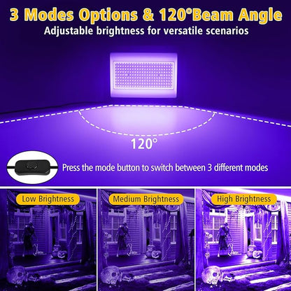 T-SUN 200W Black Lights Outdoor, 3 Brightness Modes Black Light Flood Light with Plug, Halloween Blacklight, IP66 Waterproof LED Flood Light for Glow Party Body Paint Fluorescent Poster Stage