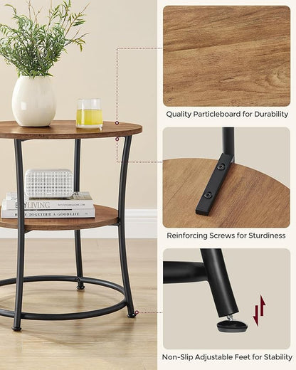 VASAGLE 21.7-Inch Round Side Table, 2-Tier End Table, Nightstand with Steel Frame, Spacious Top, for Small Spaces, Living Room, Bedroom, Honey Brown and Ink Black ULET056B41
