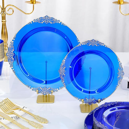 350 PCS Blue and Gold Plastic Plates, Disposable Dinnerware Set for 50 Guests, 100 Disposable Plates, 150 Silverwares, 50 Cups, 50 Napkins for Wedding, Party, Graduation
