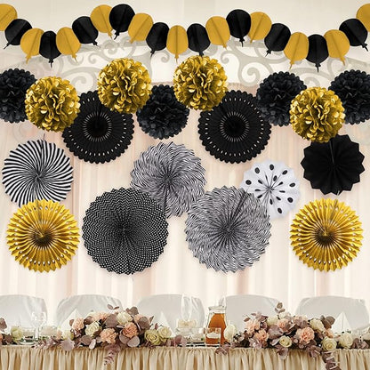 Black and Gold Decorations, Paper Pompoms Fan for Graduation Birthday Wedding Prom Night New Years Black and Gold Party Decorations