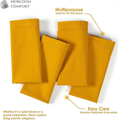 Mustard Yellow Cloth Napkins 18"x18" - Set of 12-100% Cotton, Absorbent, Reusable, Soft, Washable - Hemstitch Mitered Edges - Ideal for Dinner, Everyday, Baby Showers, Events