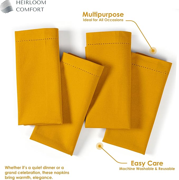 Mustard Yellow Cloth Napkins 18 x 18 Inch, 6 Pack - Absorbent, Durable, Reusable, Soft, Washable - Hemstitch Mitered Edges - Perfect for Baby Showers, Fall Dinners, Events, Everyday