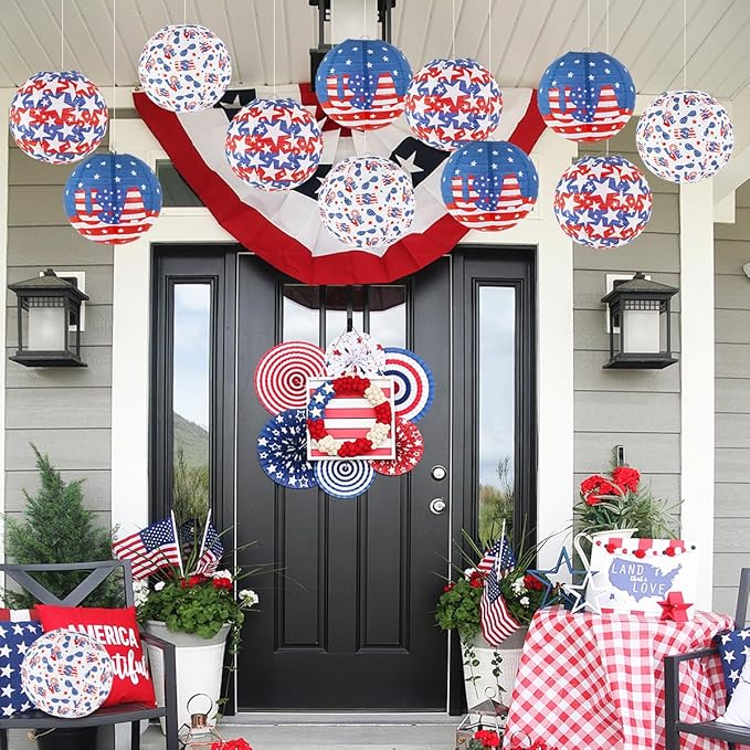 4th of July Decorations Red White and Blue Hanging Paper Lanterns for Patriotic Decorations American Independence Day Memorial Day Party Supplies Pack of 12