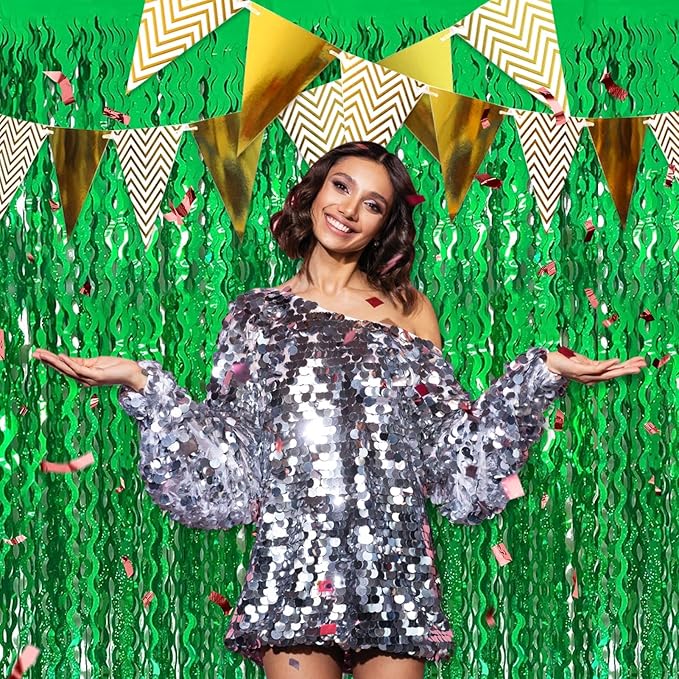 4 Pack Green Fringe Curtain Backdrop 3.2Ft x 8.2Ft Metallic Tinsel Foil Fringe Streamers Background for Photo Booth, Easter, Mother's Day, Bachelorette, Wedding, Birthday Party Decoration