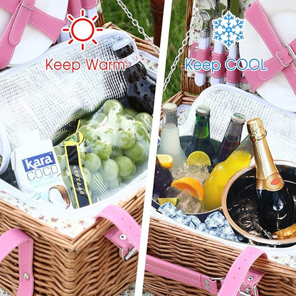 Wicker Picnic Basket for 4 with Waterproof Picnic Blanket and Insulated Cooler, Willow Hamper for Camping, Outdoors, Photoshoot, or a Birthday, Valentine’s Day, Wedding Gift, Pink