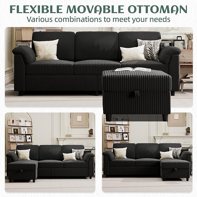 Vongrasig Convertible Sectional Couches, 3 Seat L Shaped Couch Sofa with Removable Pillows Soft Corduroy Fabric Small Couch Mid Century for Living Room, Apartment and Office Black