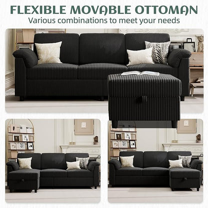 Vongrasig Convertible Sectional Couches, 3 Seat L Shaped Couch Sofa with Removable Pillows Soft Corduroy Fabric Small Couch Mid Century for Living Room, Apartment and Office Black