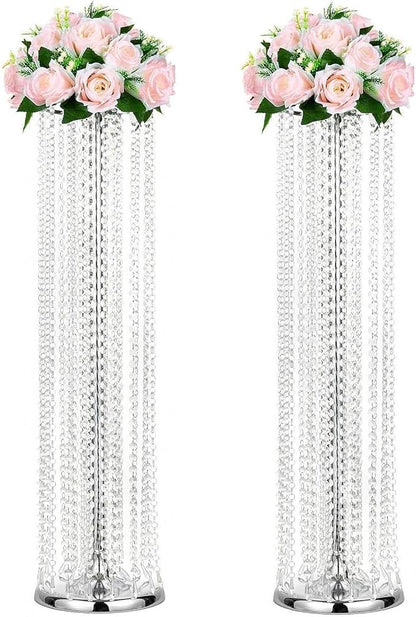 2Pcs 35.43in Tall Metal Wedding Centerpieces with Chandelier Acrylic Crystals Flower Stand, Elegant Wedding Centerpiece Decoration Leads Road Stands for Wedding Party Dinner Event Hotel Home Décor