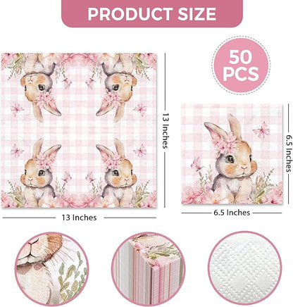 Cute Pink Bunny Paper Napkins, 50 Pcs, 3-Ply, 6.5 x 6.5 Inch, Disposable Rabbit Cocktail Napkins for Decoupage, Spring Holiday, Dinner Party, Wedding, Baby Shower, Birthday Party Decorations
