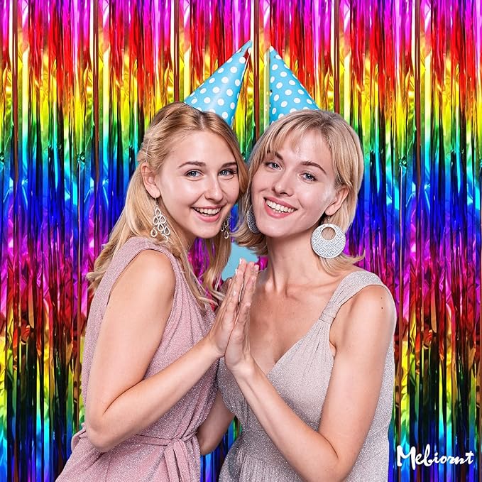 4 Pack Rainbow Fringe Curtain Backdrop, 3.2Ft x 8.2Ft Metallic Tinsel Foil Fringe Streamers Background for Photo Booth Birthday Wedding Baby Shower Party Thanksgiving Christmas Decorations