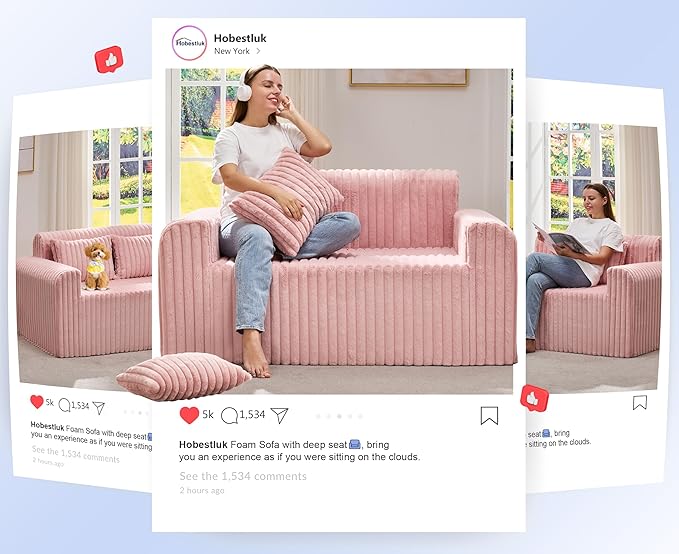 Hobestluk Couch Sofa 2-Seater Foam Sofa Loveseat for Small Spaces Comfy Sofas with Removable Cover Furry Couch with Pillows for Living Room, Bedroom, Apartment, Office (Pink, Loveseat)