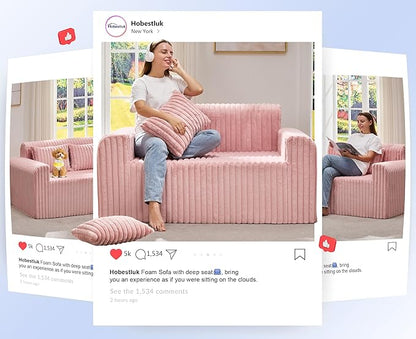 Hobestluk Couch Sofa 2-Seater Foam Sofa Loveseat for Small Spaces Comfy Sofas with Removable Cover Furry Couch with Pillows for Living Room, Bedroom, Apartment, Office (Pink, Loveseat)
