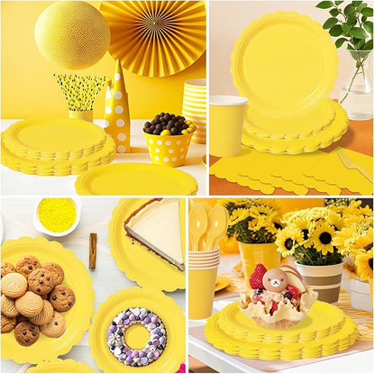 Vyntra 350 PCS Disposable Plates for Party, Paper Plates & Napkins Set with Cups, Knives, Forks, Spoons, 7'' Dessert and 9'' Dinner Plates for Birthday, Picnic, BBQ - Yellow
