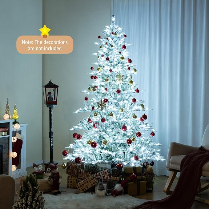 GOFLAME 7FT Pre-Lit Christmas Tree Snow Flocked, Hinged Artificial Xmas Tree with 1119 Branch Tips, 620 Cold White LED Lights, 3 Lighting Modes, Timer, Remote, Holiday Decoration Tree for Home Party