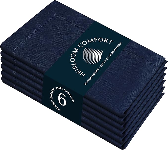 Navy Blue Cloth Napkins Set of 6, 18 x 18 Inch - 100% Cotton, Reusable, Soft, Absorbent, Washable - Elegant Hemstitch Mitered Edges - Ideal for Weddings, Dinner, Holiday Gatherings