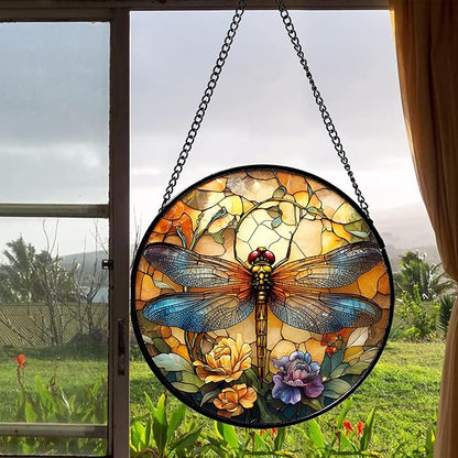 Stained Glass Window Hanging - Orange Blue Dragonfly Flower Suncatcher for Doors Window Home Sun Catchers Decor Christmas Mother's Day Birthday Outdoor Gifts for Women Men Mom Nana 7.8 in
