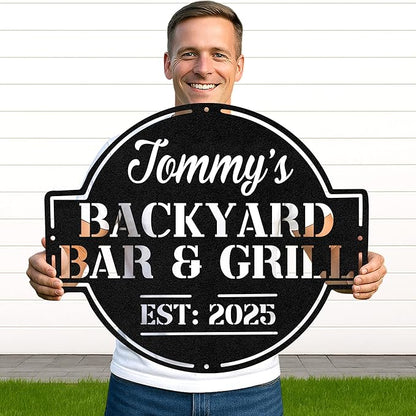 Rustic Grill Metal Sign, Custom Name BBQ Cut Wall Art for Outdoor Patio, Personalized Backyard Cooking Area Decor