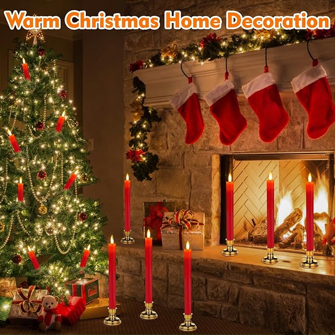HINZER 6 Pcs Flameless Taper Candles with Remote & Timer 9.6 inch Real Wax Battery Operated LED Warm 3D Wick Flickering Window Candles for Halloween Christmas Wedding Decor, Red