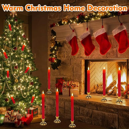 HINZER 6 Pcs Flameless Taper Candles with Remote & Timer 9.6 inch Real Wax Battery Operated LED Warm 3D Wick Flickering Window Candles for Halloween Christmas Wedding Decor, Red