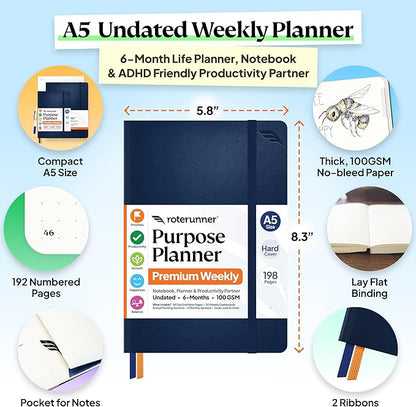 Purpose Planner Notebook A5 5.8”x8.3” Undated 2026 Daily Weekly and Monthly Productivity Goal Setting Tool for Work Home ADHD Planner for Adults Self Care Journal (Navy Hardcover)